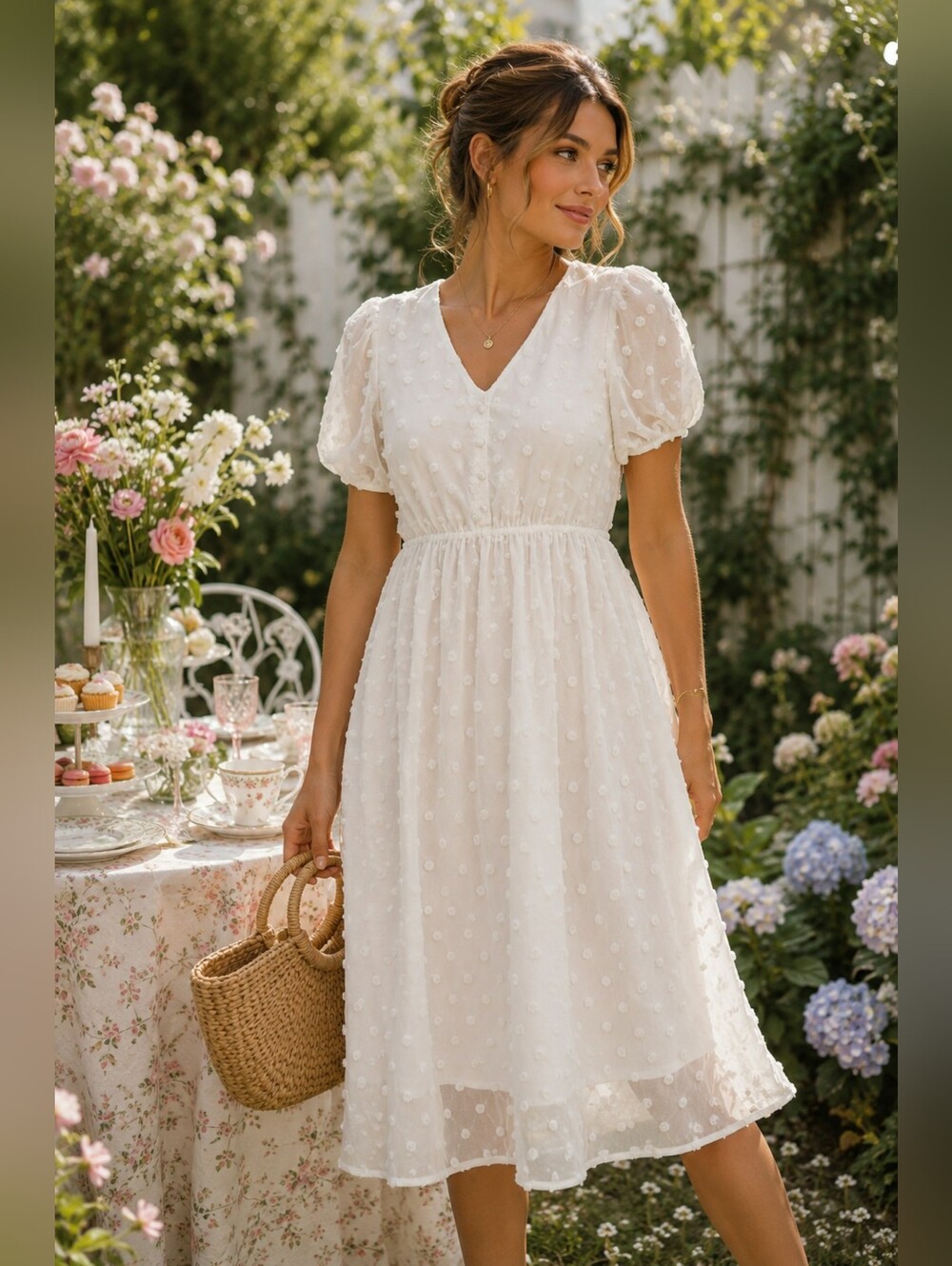 Baltic Born Mila White Swiss Dot Puff Short Sleeve Lined Dress M